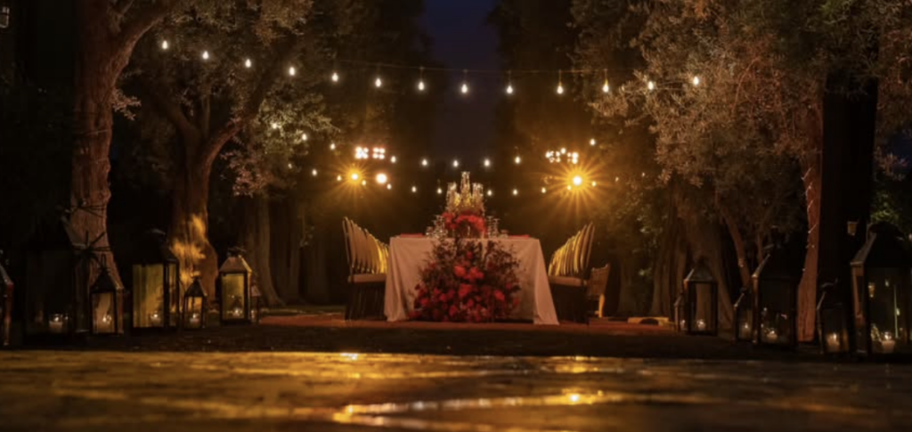 Romantic outdoor wedding dinner setup at La Mamounia